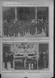 Crowds outside Lloyd's of London, chefs on board, and the White Star offices, April 20, 1912. Creator: Unknown