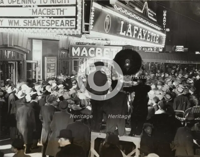Crowds outside the Lafayette Theatre in Harlem at the opening of "Macbeth", 1936. Creator: Federal Theatre Project.
