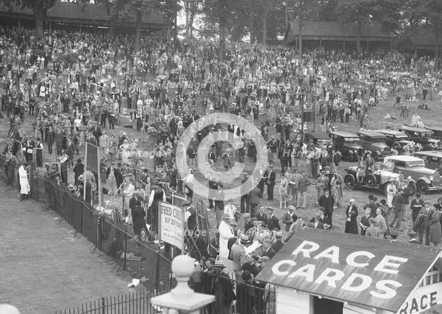 Crowds attending a motor race at Brooklands. Artist: Bill Brunell.