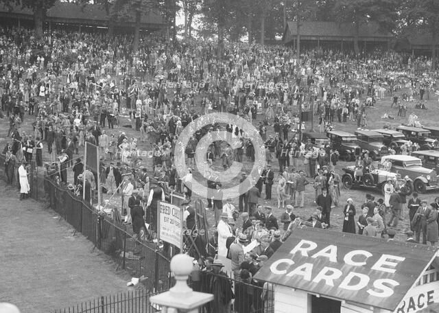 Crowds attending a motor race at Brooklands. Artist: Bill Brunell.