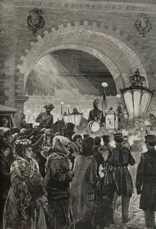 Crowds and soldiers during royal wedding celebrations, Madrid, January 27, 1878. Creator: Andrés Ovejero
