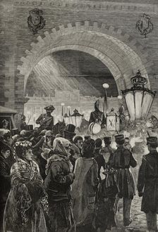 Crowds and soldiers during royal wedding celebrations, Madrid, January 27, 1878. Creator: Andrés Ovejero