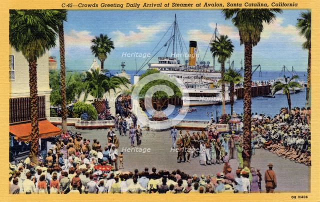 Crowds greet the daily arrival of a steamer, Avalon, Santa Catalina Island, California, USA, 1940. Artist: Unknown
