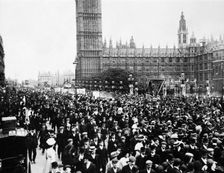 Crowds passing the Houses of Parliament en route to Women's Sunday, London, 1908. Creator: Unknown