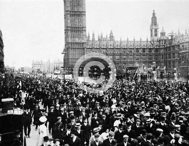 Crowds passing the Houses of Parliament en route to Women's Sunday, London, 1908. Creator: Unknown.