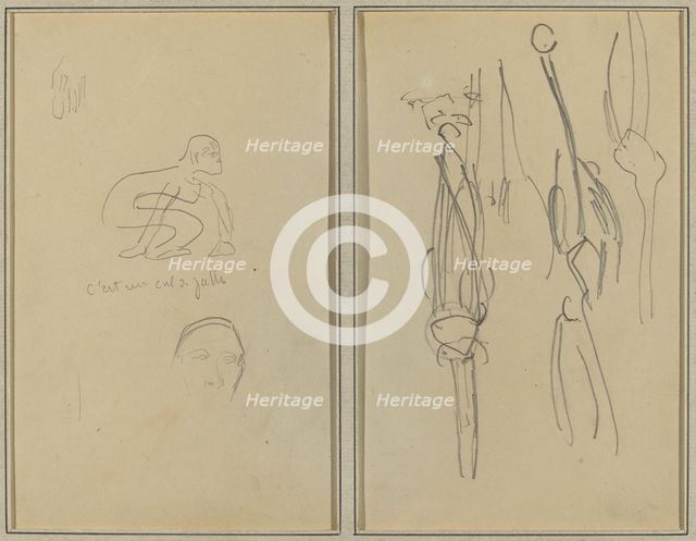 Crouching Monkey and Man's Head; Bones and Muscles [verso], 1884-1888. Creator: Paul Gauguin.