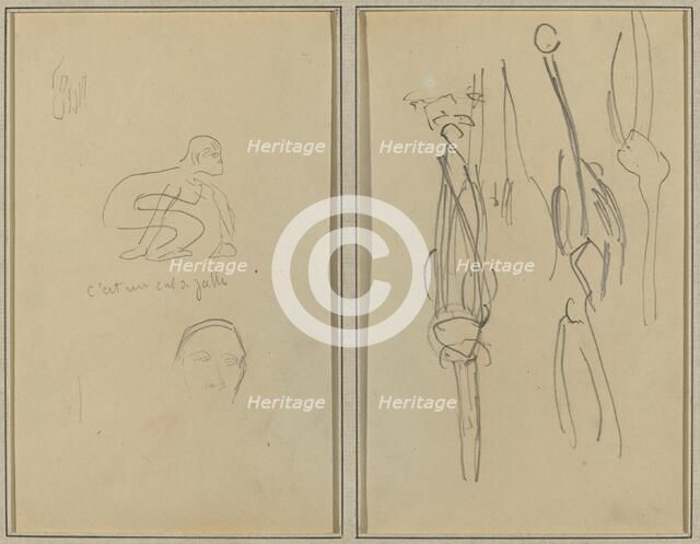 Crouching Monkey and Man's Head; Bones and Muscles [verso], 1884-1888. Creator: Paul Gauguin.