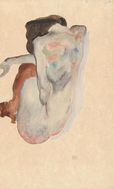 Crouching Nude in Shoes and Black Stockings, Back View, 1912. Creator: Egon Schiele