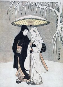 Crow and Heron, or Young Lovers Walking Together under an Umbrella in a Snowstorm c1769.Artist: Suzuki Harunobu