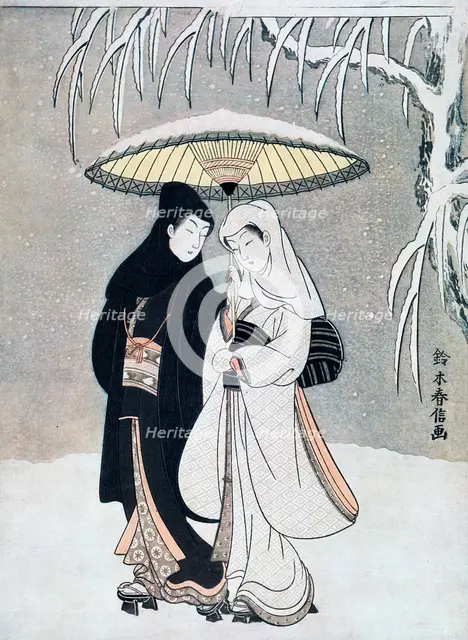 'Crow and Heron, or Young Lovers Walking Together under an Umbrella in a Snowstorm', c1769.Artist: Suzuki Harunobu