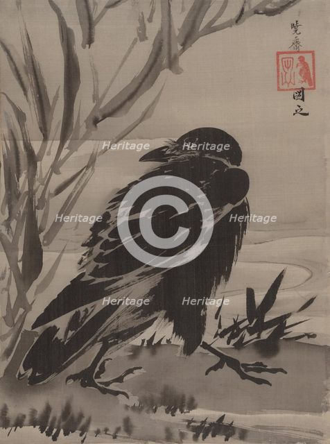 Crow and Reeds by a Stream, ca. 1887. Creator: Kawanabe Kyosai.
