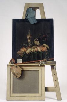 Cut-Out Trompe l'Oeil Easel with Fruit Piece, 1670-1672. Creator: Cornelis Norbertus Gysbrechts