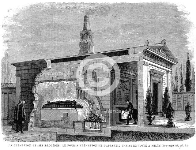 Cut-away view of Garini's cremation furnace used in Milan, 1880. Artist: Unknown