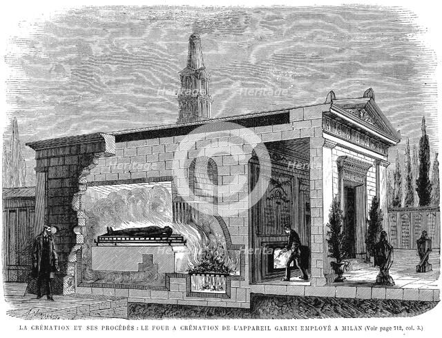 Cut-away view of Garini's cremation furnace used in Milan, 1880. Artist: Unknown