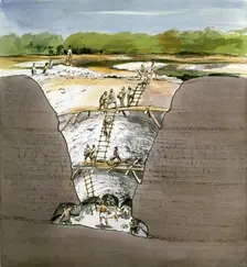 Cutaway Section through Grime's Graves, Neolithic Flint Mine, Norfolk, 1987. Artist: Terry Ball