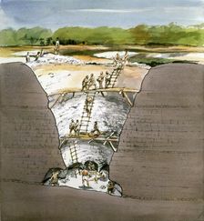 Cutaway Section through Grime's Graves, Neolithic Flint Mine, Norfolk, 1987. Artist: Terry Ball