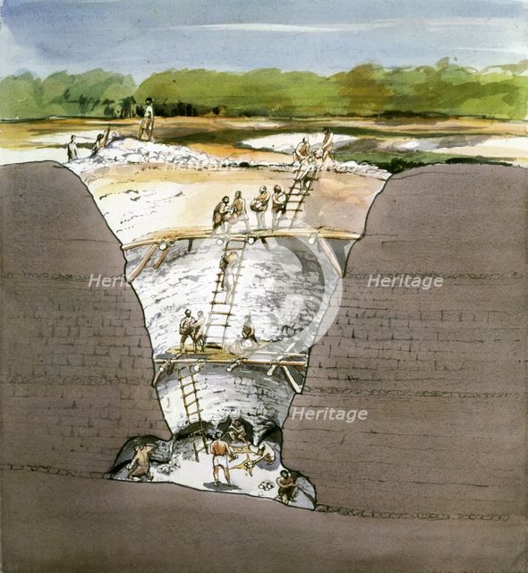 Cutaway Section through Grime's Graves, Neolithic Flint Mine, Norfolk, 1987.  Artist: Terry Ball