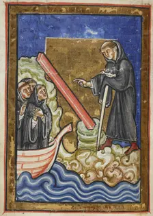 Cuthbert discovers the piece of timber washed up with the tide...last quarter 12th century. Creator: Anon
