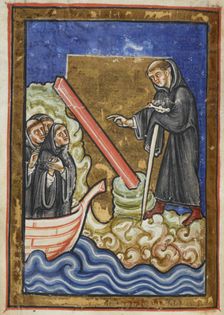 Cuthbert discovers the piece of timber washed up with the tide...last quarter 12th century. Creator: Anon