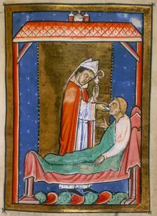 Cuthbert healing an ill man, last quarter of the 12th century. Creator: Unknown