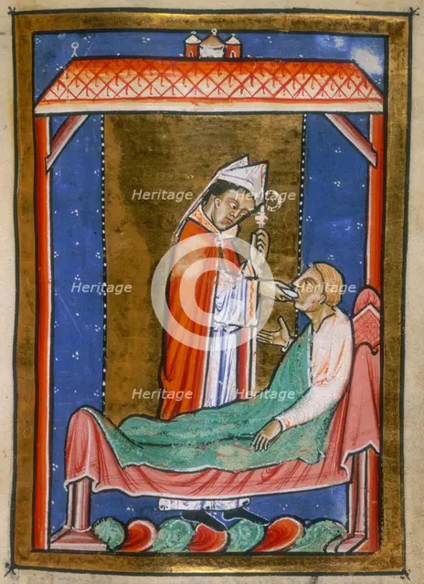 Cuthbert healing an ill man, last quarter of the 12th century.  Creator: Unknown.