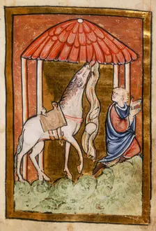 Cuthbert's horse pulls down bread and meat, last quarter of the 12th century. Creator: Unknown