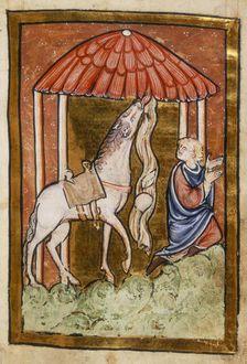 Cuthbert's horse pulls down bread and meat, last quarter of the 12th century. Creator: Unknown