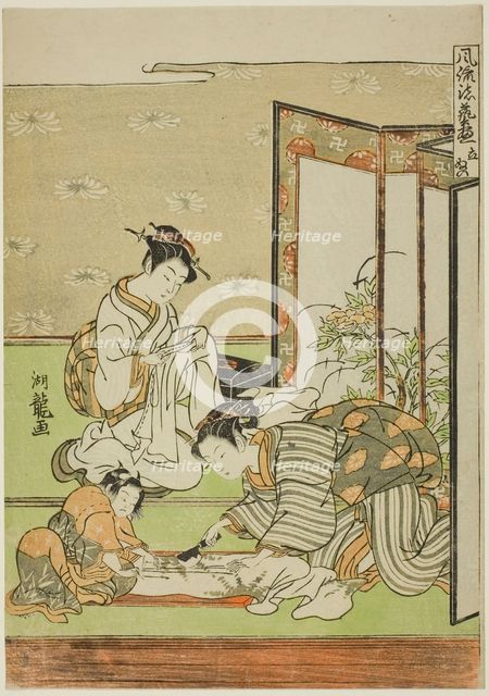 Cutting and Sewing (Tachinui), from the series "Collection of of Fashionable..., c. 1770/72. Creator: Isoda Koryusai.