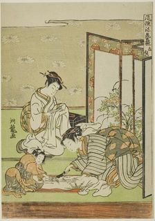 Cutting and Sewing (Tachinui), from the series "Collection of of Fashionable..., c. 1770/72. Creator: Isoda Koryusai