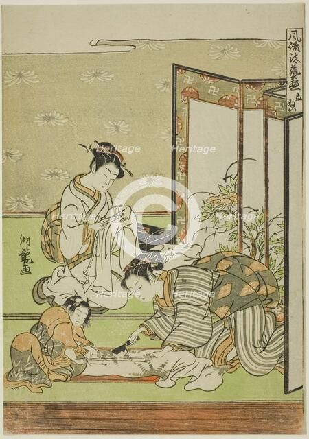 Cutting and Sewing (Tachinui), from the series "Collection of of Fashionable..., c. 1770/72. Creator: Isoda Koryusai.