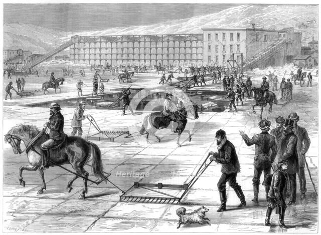 Cutting and storing ice on the Hudson River, New York, USA, 1875. Artist: Unknown
