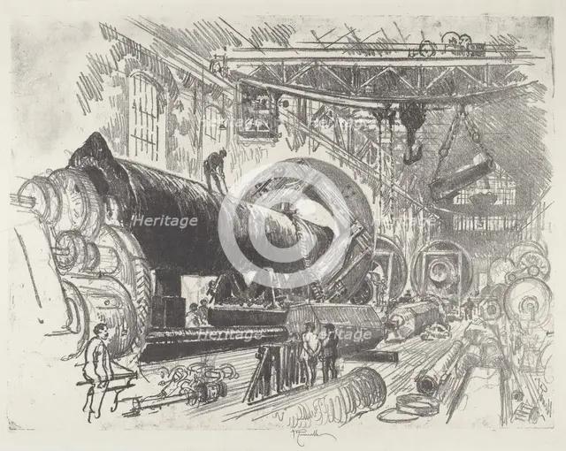 Cutting and Turning a Big Gun, 1916. Creator: Joseph Pennell.