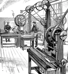 Cutting coin blanks from metal strips, Royal Mint, London, 1897. Creator: Unknown