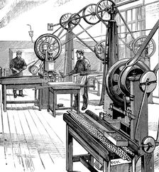 Cutting coin blanks from metal strips, Royal Mint, London, 1897. Creator: Unknown