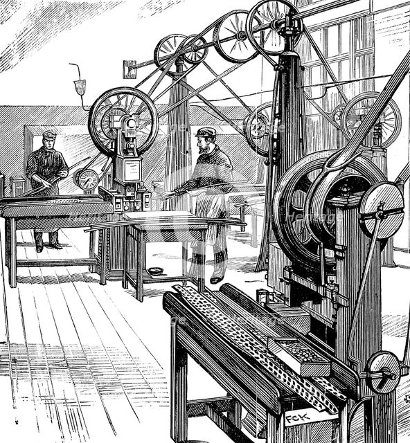 Cutting coin blanks from metal strips, Royal Mint, London, 1897. Creator: Unknown.
