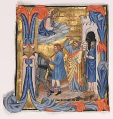 Cutting from a Gradual: Initial I with Departure of Tobias, c. 1390. Creator: Master of Noah's Ark (Italian)