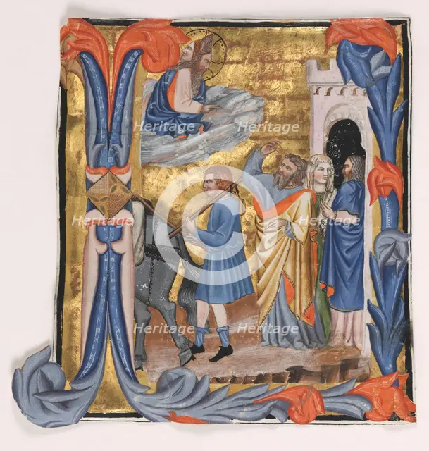 Cutting from a Gradual: Initial I with Departure of Tobias, c. 1390. Creator: Master of Noah's Ark (Italian).