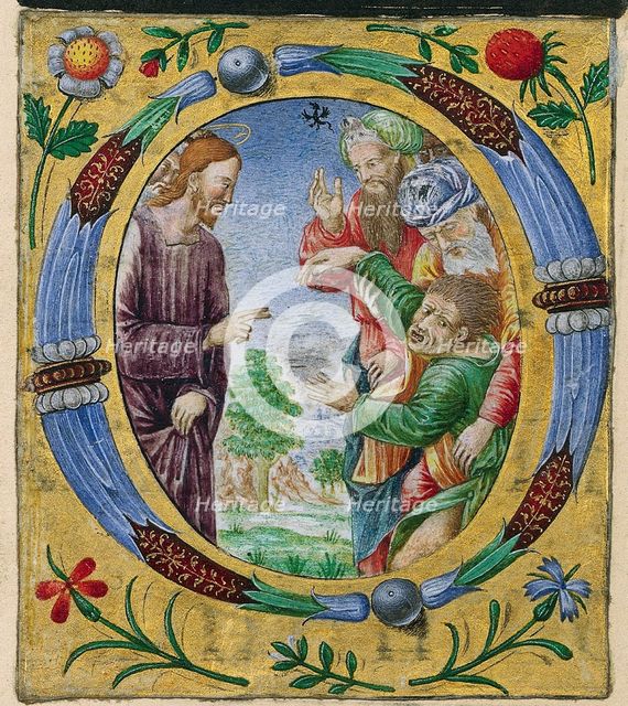 Cutting from a Missal: Initial O with Christ Performing an Exorcism, c. 1520. Creator: Matteo da Milano (Italian).