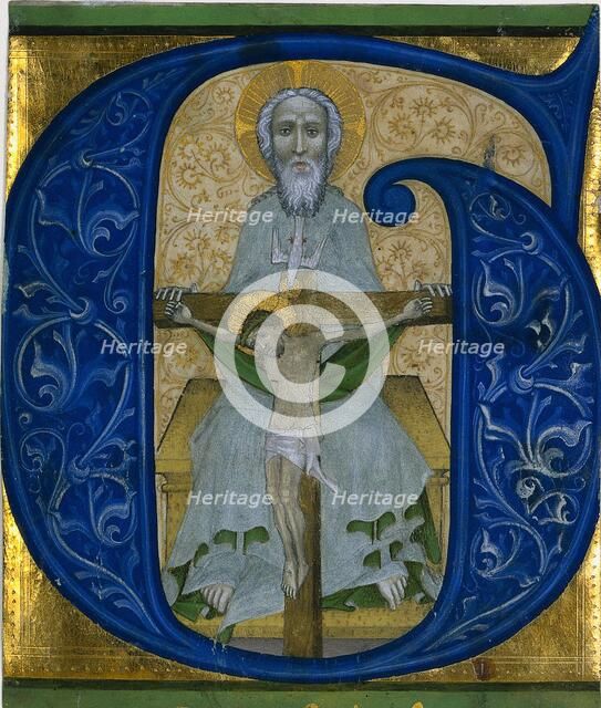 Cutting from an Antiphonary: Initial G[loria tibi Trinitas]: The Trinity, c. 1410. Creator: Unknown.