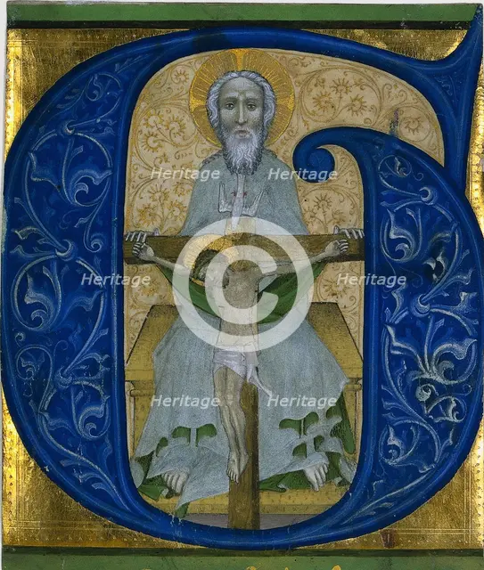 Cutting from an Antiphonary: Initial G[loria tibi Trinitas]: The Trinity, c. 1410. Creator: Unknown.