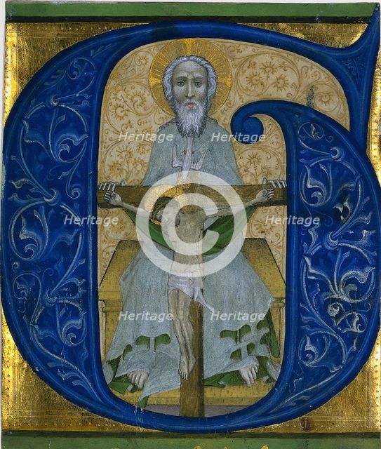 Cutting from an Antiphonary: Initial G[loria tibi Trinitas]: The Trinity, c. 1410. Creator: Unknown.