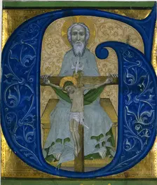 Cutting from an Antiphonary: Initial G[loria tibi Trinitas]: The Trinity, c. 1410. Creator: Unknown