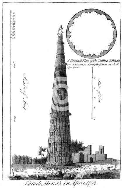 'Cuttub Minar in April 1794, (1799). Artist: Unknown