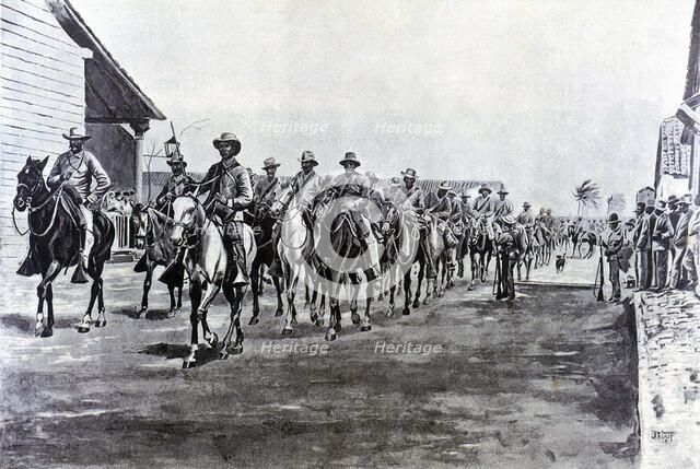 Cuba War, Spanish troops riding back from an expedition, engraving, 1897.
