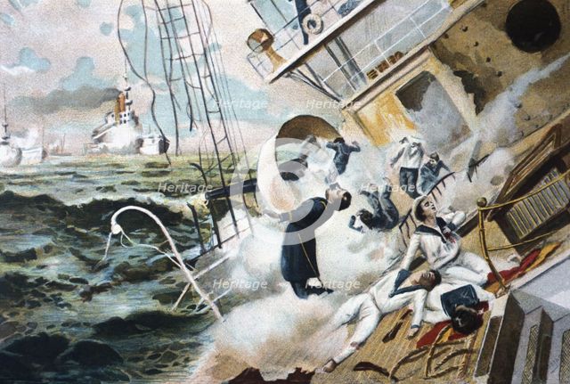 Cuban war: Loss of the Spanish squadron under the command of Admiral Cervera, in the waters...1898. Creator: Bejar Novella, Pablo (1869-1920).