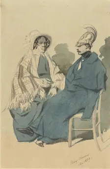 Cuirassier with helmet and blue cloak, sitting next to an old lady in a travelling dress, 1839. Creator: Henry Bonaventure Monnier