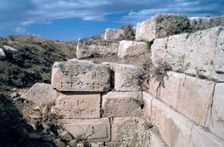 Cuneiform inscriptions on stones, ruined aqueduct, Jerwan, Iraq, 1977