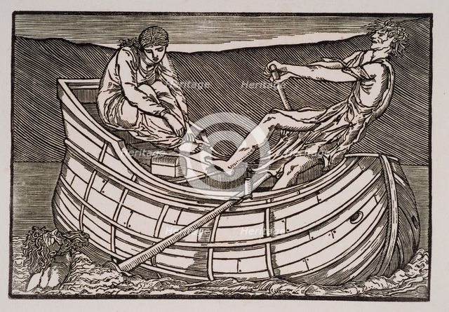 Cupid and Psyche - The dead Man rising from the Water as Psyche is ferried across the Styx, 1880. Creator: Sir Edward Coley Burne-Jones.