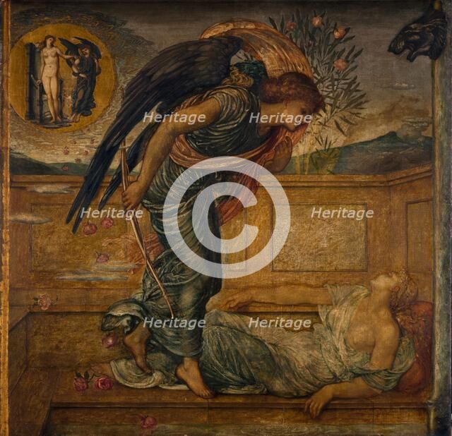 Cupid and Psyche - Palace Green Murals - Cupid Finding Psyche Asleep by a Fountain, 1881. Creator: Walter Crane.