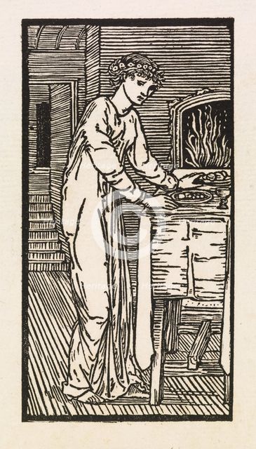 Cupid and Psyche - Psyche at Table Spread with Food, 1880. Creator: Sir Edward Coley Burne-Jones.